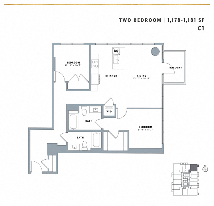 Floor plan for 2 beds, 2 baths, 1181 sqft